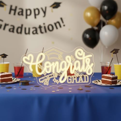 Image of Congrats Grad Neon Sign, Graduation Cap Neon Light LED Congrats Grad Sign, for Graduation Party Graduation Ceremony Graduation Yard Sign Indoor Graduation Gift(15.7 * 8.6 In)