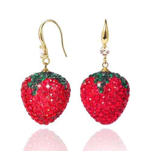 Image of Strawberry Earrings for Women Cute Red Dangle Earrings Dangling Cubic Zicron Fruit Jewelry Accessories, Medium, Cubic Zirconia, Cubic Zirconia