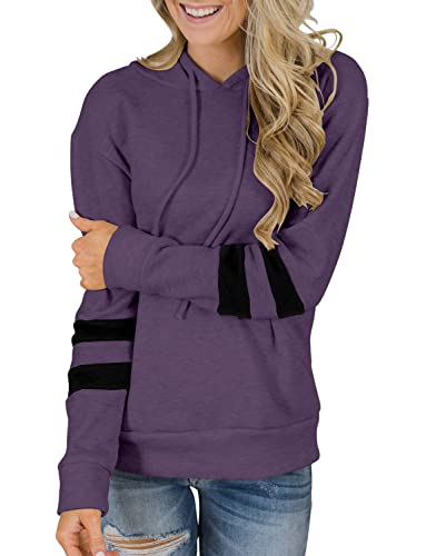Chiczone Soft Hooded Sweatshirts For Women Long Sleeve Pullover Hoodie Casual Tops Stripe Fall Shirts Purple L #TOP1