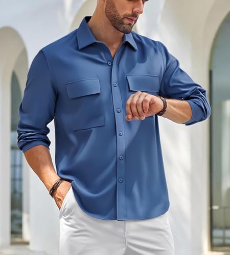 Alex Vando Mens Button Down Shirts Two Pockets Long Sleeve Casual Dress Shirt for Men