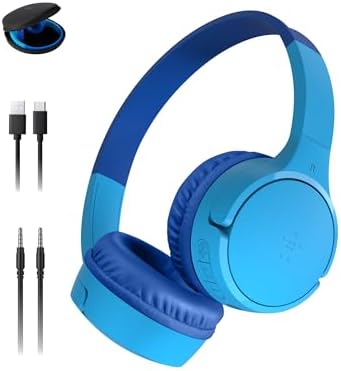 Belkin Sound Form Mini Wireless Bluetooth Headphones for Kids – Safe 85 d B Volume Limiting, 30-Hour Battery Life, Lightweight On-Ear Design with Built-in Microphone – Ideal for School, Travel, and Home Use – Stylish Blue for Young Listeners, Compatible with i Phone, i Pad, Fire Tablet and More Belkin Sound Form Mini Wireless Bluetooth Headphones for Kids – Safe 85 d B Volume Limiting, 30-Hour Battery Life, Lightweight On-Ear Design with Built-in Microphone – Ideal for School, Travel, and Home Use – Stylish Blue for Young Listeners, Compatible with i Phone, i Pad, Fire Tablet and More