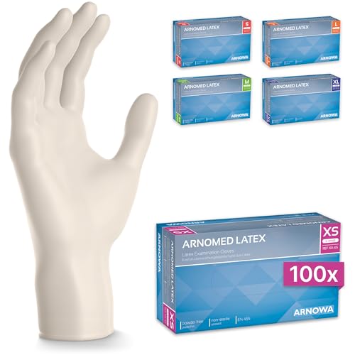 ARNOMED 100x Gants jetables en latex taille XS blanc, Gants jetables de chirurgie et de laboratoire, Gants à usage unique en nitrile, Moufles en latex en XS, S, M, L, XL, XXL