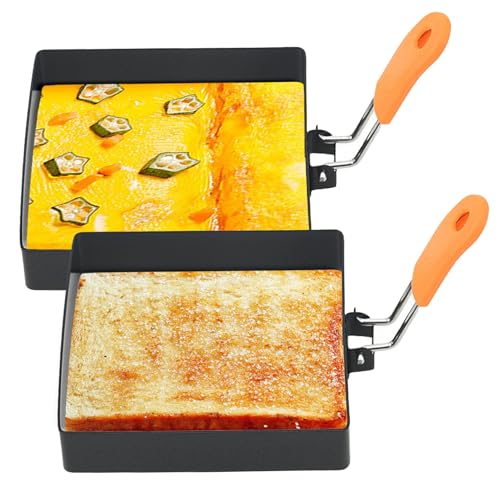Lot de 2 moules à œufs carrés antiadhésifs de 10,2 cm pour frire les œufs avec poignée en silicone, moule à œufs carré en acier inoxydable, braconnier à œufs, moules à œufs au plat pour petits déjeune