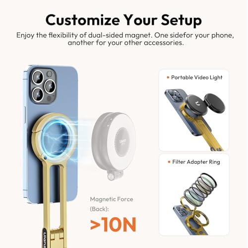 Image of ULANZI MA30 Magnetic Phone Tripod Stand for iPhone - Aluminium Maglock Smartphone Mini Tripod Pocket Cell Phone Stand Strong Magnet Quick Mount Compatible with iPhone 16 15 14 13 12 Series, Gold