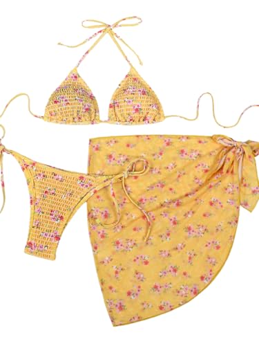 Women Sexy 3 Piece Floral Smocked Bikini Set, Halter Triangle Tie String Swimsuit, Thong Bathing Suit Cover Up Skirt