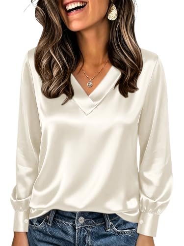 ANRABESS Women’s Satin V Neck Blouse Long Sleeve Shirts,Cream,S