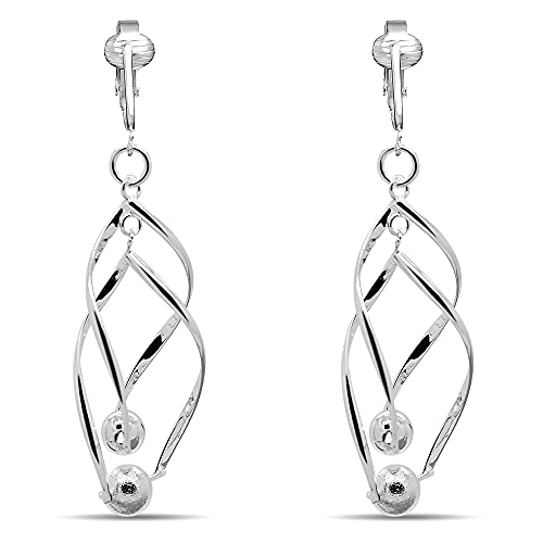 Silver Clip On Earrings For Women, They Look Pierced, Don't Pinch & Won't Fall Off, Hypoallergenic & Lightweight (Silver Beaded Double Drops)