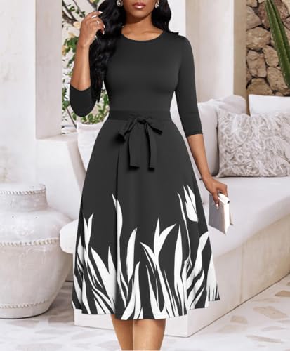 LaiyiVic Midi Dresses for Women 3/4 Sleeve Crew Neck Church Knee Length A Line Swing Summer Dress3