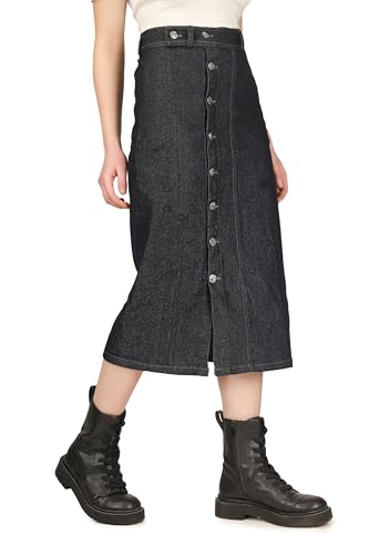 Image of Button Side Split Denim Long Straight Skirt for Women & Girls