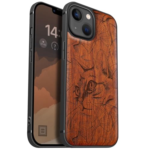 Étui Magnétique iPhone 13 antichoc en bois naturel sculpté de chats élégants