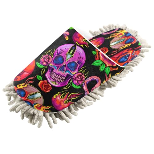 Kigai Colorful Skulls Mop Slippers for Floor Cleaning, Slippers for Women Men, Microfiber Floor Cleaning, L