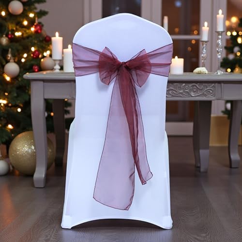 MDS Pack of 100 Organza Chair Sashes Wide Sheer Chair Bows Ribbon Tie Back for Christmas Party, Holiday Dinner, Thanksgiving, Harvest Dinner, Banquet, Reception, New Year Decoration - Burgundy