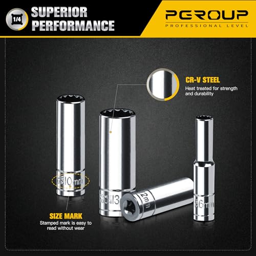 Image of 1 /4 Inch Drive Socket Set - 8 Piece Metric 12-Point Deep Socket Set (6mm, 7mm, 8mm, 9mm, 10mm, 11mm, 12mm, 13mm)- Chrome Vanadium Steel with Sturdy Holder - 50BV30