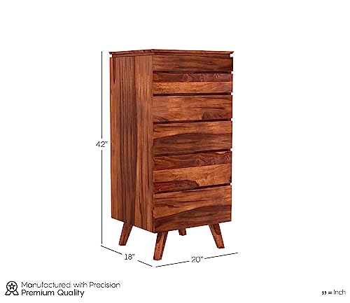Image of Solid Wood 6 Drawer Chest, Mid-Century Modern Style, Natural Brown Finish, 42x20x18 Inch Tall Dresser with Angled Legs