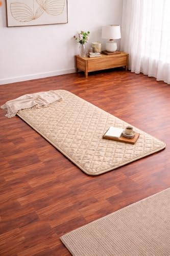 Image of PU Ultra Soft Foam Folding Mattress for Travel | Portable /Foldable Floor Mattress for Sleeping | 240 GSM Knitted Fabric| Indoor Quilted Roll-Up Yoga Mat for Home (Beige, 72x72)