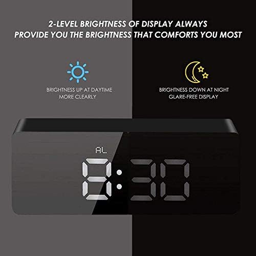 LED Mirror Alarm Clock, Portable Digital Alarm Clock, Table Clock with Large Screen 12 / 24H display, Adjustable Brightness Carousel Clock, Dual Purpose Power Port or Battery Powered Alarm Clock