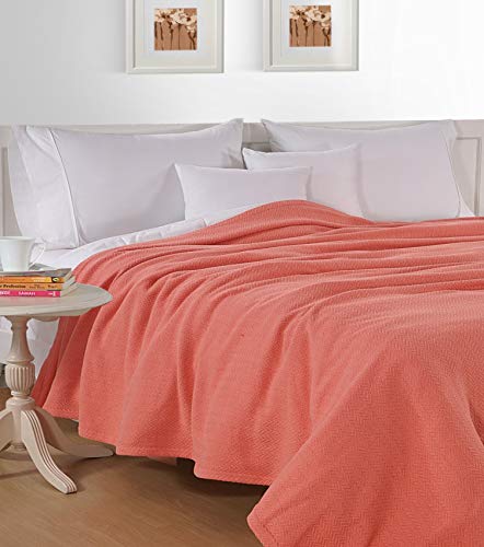 Shelter Cotton Blanket Full/Queen Soft Cozy Thermal Blanket, Ringspun Bed Blankets For All Seasons, Herringbone Weave, Warm Lightweight Perfect Luxury Layering - Coral (90"X90") #TOP2
