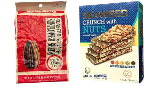 Image of Combo -Spiced Sunflower Seeds and Seaweed Crunch with Nuts - Hat Huong Duong Rang Co Gia Vi va Rong Bien Don Ket Hop Cac Loai Dau - 8 Oz per Bag and 10 Oz per Box with 2 Iterms per Order - Product of Thailand