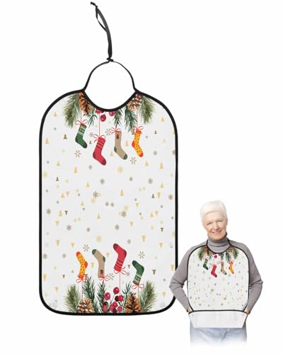 LEOKOTI Christmas Stockings Adult Bibs for Eating, Waterproof Bibs with Food Catcher & Adjustable Snap Closure, Xmas Tree Snowflake Pine Cones Berry Washable Clothing Protectors Adult Bibs for Elderly
