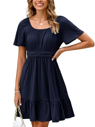 Image of Simplee Womens Summer Dresses 2026 Mini Square Neck Casual Short Sleeve Shirred Flowy A-Line Dress with Pockets