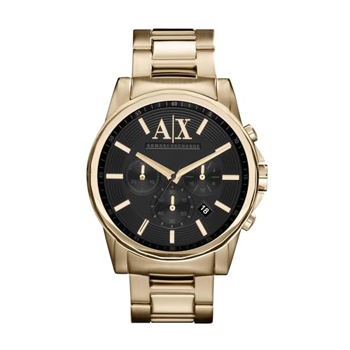 Armani Exchange montre pour homme, mouvement chronographe et boîtier de 45 mm avec bracelet en acier inoxydable, en cuir ou en silicone, Ton or et noir, 45MM