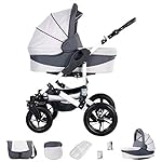 Friedrich Hugo Hamburg | 4 in 1 Kinderwagen Komplettset | ISOFIX Basis | Luftreifen | Farbe: White & Grey