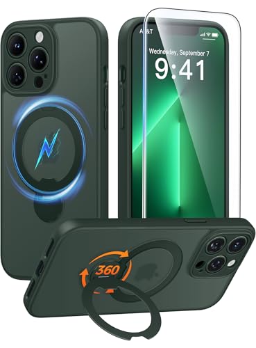 Image of FNTCASE for iPhone 13 Pro-Max Case: [360 Spin Magnetic Stand] [Compatible with Magsafe] [Screen Protector] Translucent Matte Military Grade Shockproof Full Camera Protective Phone Cover - Green