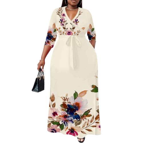 Image of Nmoder Plus Size Maxi Dress for Women - Summer Casual 3 /4 Sleeve Floral Flowy Long Dress with Belt XL- 6XL