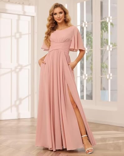 YOFF Flutter Sleeve Chiffon Bridesmaid Dress Long with Slit Scoop Neck A-Line Formal Party Dresses with Pockets YO1264