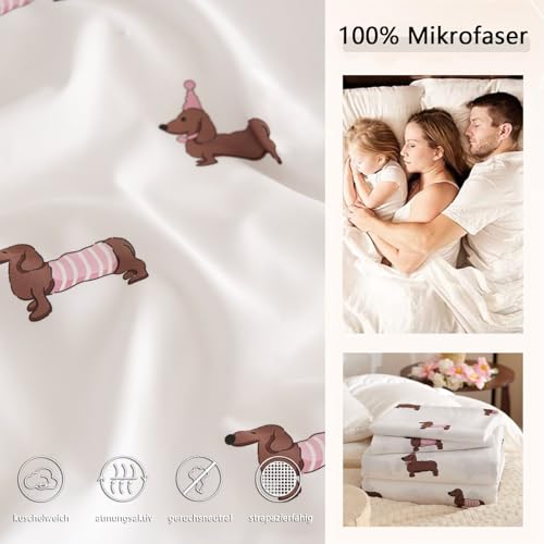 Tospass Dackel Bettwäsche 135x200cm Weiß Rosa Braun Dachshund Mädchen Wendebettwäsche-Set Mikrofaser Hundemuster Deckenbezug Kinder Teen Bettbezug mit Reißverschluss und Kissenbezug 80x80cm