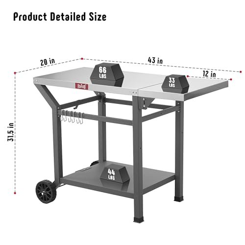 Feasto Movable Grill Table with Folding Side Table, Pizza Oven Table as BBQ Food Prep Cart with Undershelf for Outdoor & Indoor Use, 43\" L x 20\" W Stainless Steel Tabletop, Grey