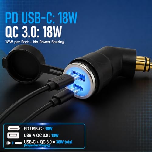 Image of Cliff Top Angled Hella DIN Motorcycle USB-C Charger, BMW Triumph PD | 6A 36W total, USB-C PD 18W, USB-A QC3.0 18W, angled Hella DIN plug, BMW Triumph DIN sockets, phone /GPS