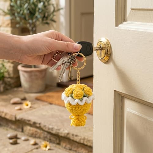 Image of Handmade Crochet Sunflower Keychain for Women & Girls, Cute Yellow Flower Key Ring Charm, Soft Yarn Knitted Gift, Bag Charm, Car Key Holder, Aesthetic Handmade Floral Accessory