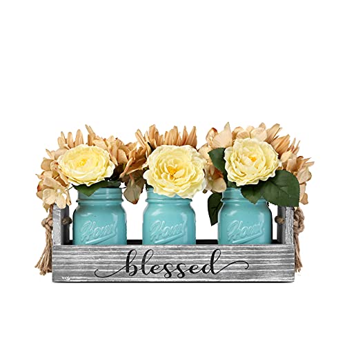 Homko Mason Jar Centerpiece Set With Artificial Flower, Kitchen Table Decor Centerpiece In Farmhouse Rustic Style For Flatware Organizer, Flower Arrangement, Garden Wedding (Blue, Medium) #TOP4