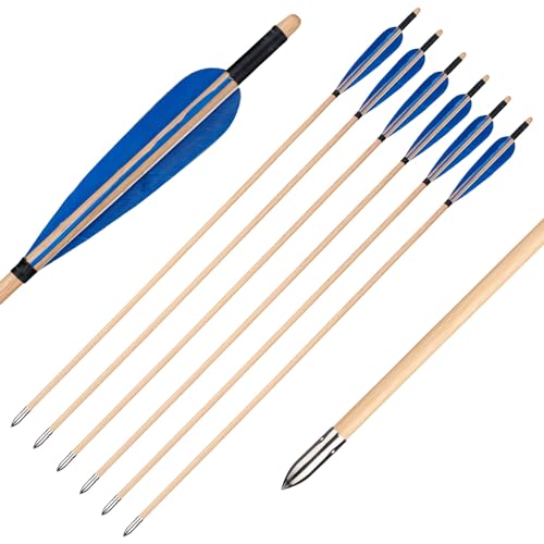TOPARCHERY 32" Handmade Wooden Shaft Target Practice Hunting Arrows with 5inch Natural Turkey Feathers Fletching for Longbow Recurve Bow (6PCS, Blue Feather)