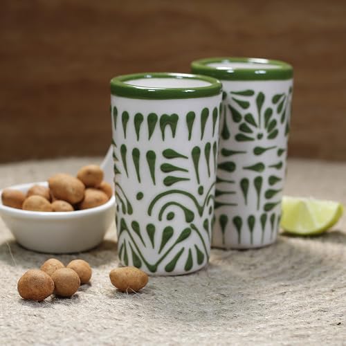 Image of Talavera Shot Glasses Set of 4 Authentic Mexican Hand-Painted Tequila Shot Glasses - 2 Oz (Green Lace) Glass