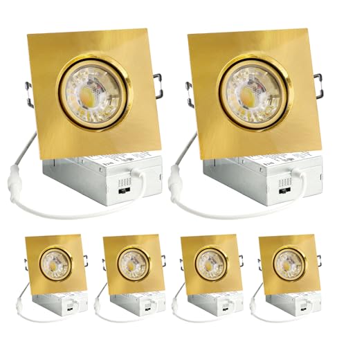 Image of 3 Inch Gimbal Recessed Light 8W 5CCT Selectable, 360 Rotatable Square Downlight with Junction Box, Wet Location Dimmable Wafer Lights, 3 Inch 6Pack Gold