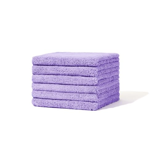 Rubbit Microfiber Cleaning Cloths, 6 Pack, Reusable Microfiber Towels for Car Detailing and Washing, Streak Free Car Wash Supplies, Lint Free and Washable Cleaning Rags, High Density, 16x16in, Purple