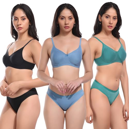 Image of REALSIDE Women Cotton Bra Panty Set for Lingerie Set|Bra Panty Set | Panty Bra Set for Women Women Lingerie Set A Beautiful Combo Pack of 3-Black,Green,Pink