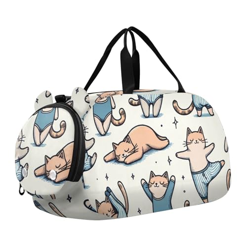 Cute Yoga Cats Duffle Bag for Girl, Sports Duffle Gym Bags with Shoe Compartment, Personalized Overnight Bag Travel Weekender for Kids