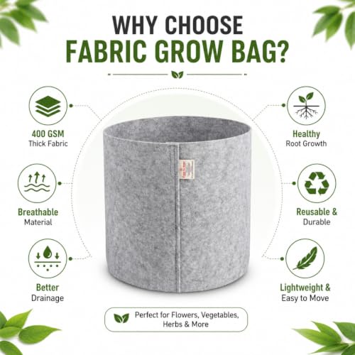 Image of Casa De Amor 400 GSM Geo Fabric Plant Grow Bag, Light Grey 10 x 10 Inch Pack of 5, Round Fabric Pots for Terrace, Balcony, Flowers & Vegetable Gardening