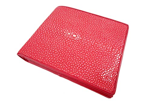 Genuine Polished Stingray Shagreen Skin Leather Bifold Wallet (Carrmine Red)