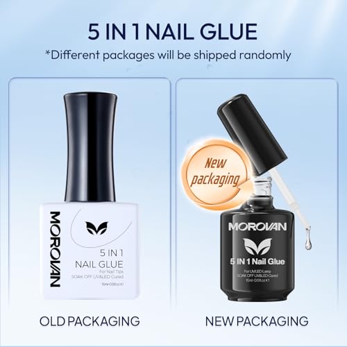 Morovan 5 in 1 Nail Glue Gel for Nail Tips: Clear Acrylic Nails Base Gel Nail Glue Easy Application Long Lasting Clear Glossy No Wipe Nail Repair Treatment