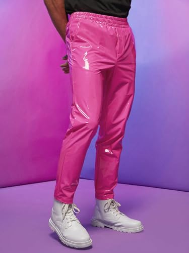 WDIRARA Men's Elastic Waist Pu Leather Pants Slant Back Pocket Solid Skinny Pants3