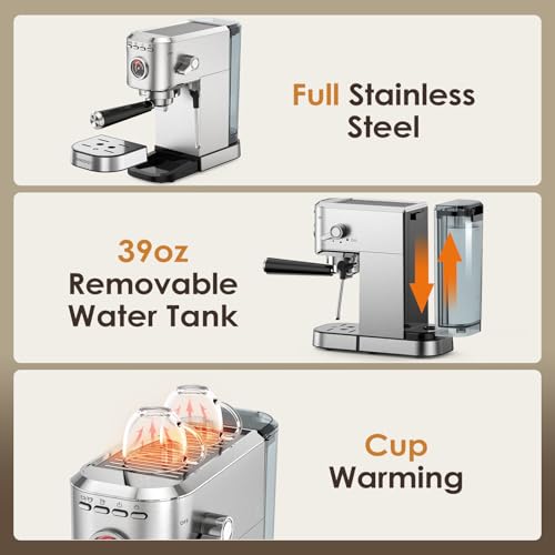 Spacekey Espresso Machine with Milk Frother, 20 Bar Compact Expresso Coffee Machines for Home, Stainless Steel Espresso Maker with 39oz Removable Water Tank for Cappuccino Latte, Fast Heating, Silver - image 8