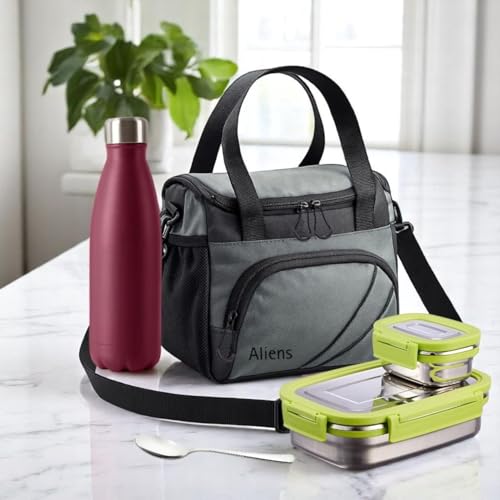 Image of Aliens Lunch Bag and Insulation Tiffin Bag with Adjustable Shoulder Handle and Side Pockets for Men, Women - Office, Travel, School, College and Picnic Lunch Box & Bottle Pouch - Grey