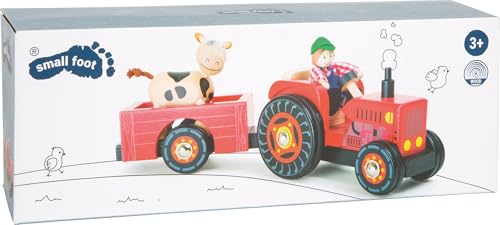 small foot Traktor mit Anhänger „Bauernhof“ aus Holz, mit Biegepuppen, Bauer und Kuh, ab 3 Jahren, 10316