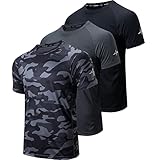 WanNiu Men's 3 Pack Workout Shirt Dry Fit Athletic Gym Short Sleeve Mesh Moisture Wicking, Blackgrey Camo Black, Large