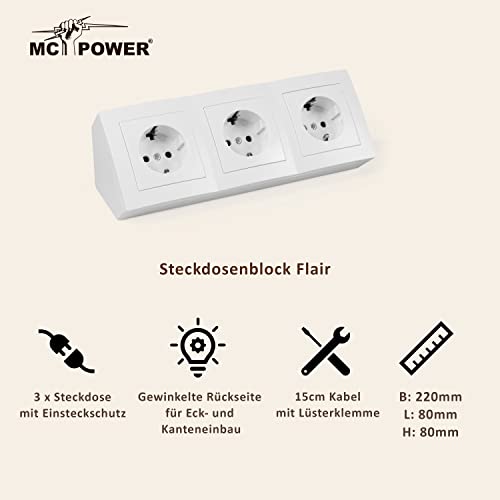 MC POWER - Steckdosenblock Unterbausteckdosen | Flair | 3-Fach Schutzkontaktsteckdosen, 15cm Kabel mit Lüsterklemme, 250V~ / 16A, Aufbau, weiß matt