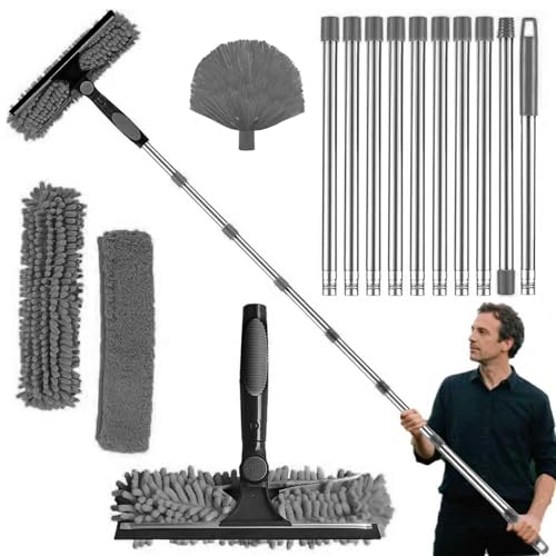4.5M Window Squeegee Cleaner Tool Kit with Long Handle, 2-in-1 Squeegee & Microfiber Cloth,with Spider Web Brush for Indoor/Outdoor High Window, car windows cleaning, 10 Segmented Threaded Irons(Grey)